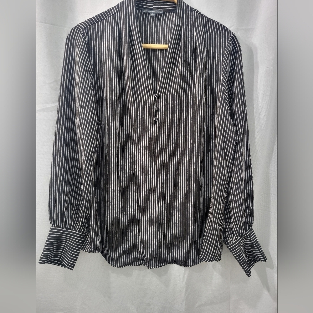 Adriana Papell Printed Crepe Black and White Striped Long Sleeve Blouse Size L - Picture 4 of 14